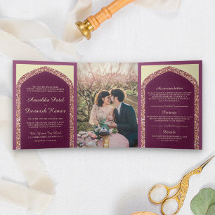 Plum Mauve Rose Gold Glitter Indian Wedding Tri-Fold Invitation