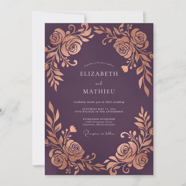 Plum Metallic Rose Wedding Invitation (Front)