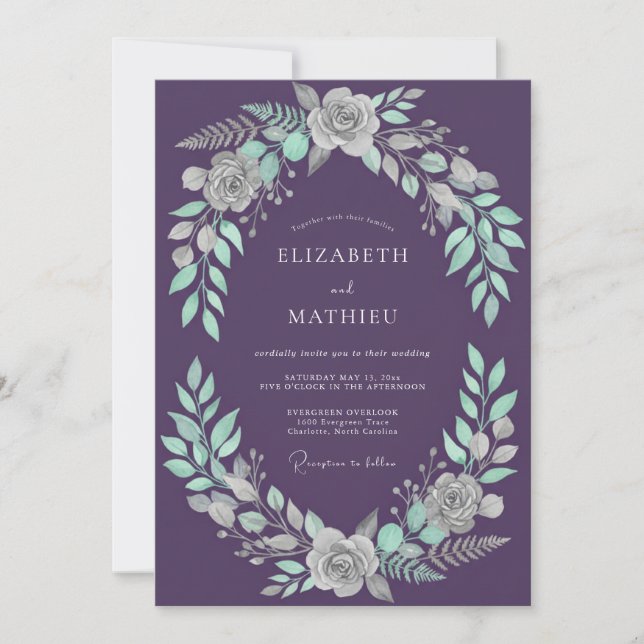 Plum Mint Foliage Soft Eucalyptus Wedding Invitation (Front)