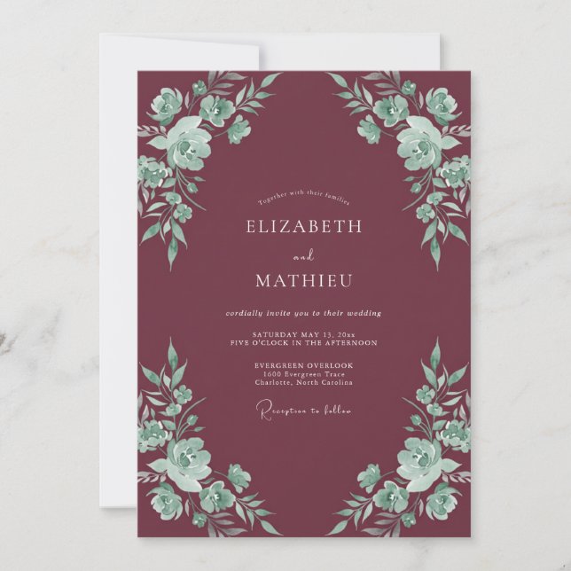 Plum Mint Leafy Wedding Invitation (Front)