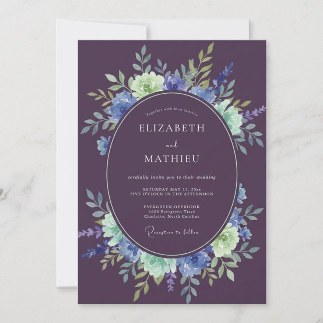 Plum Mint Watercolor Wedding Invitation (Front)