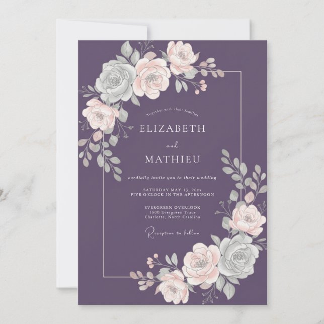 Plum Moody Romantic Botanical Wedding Invitation (Front)