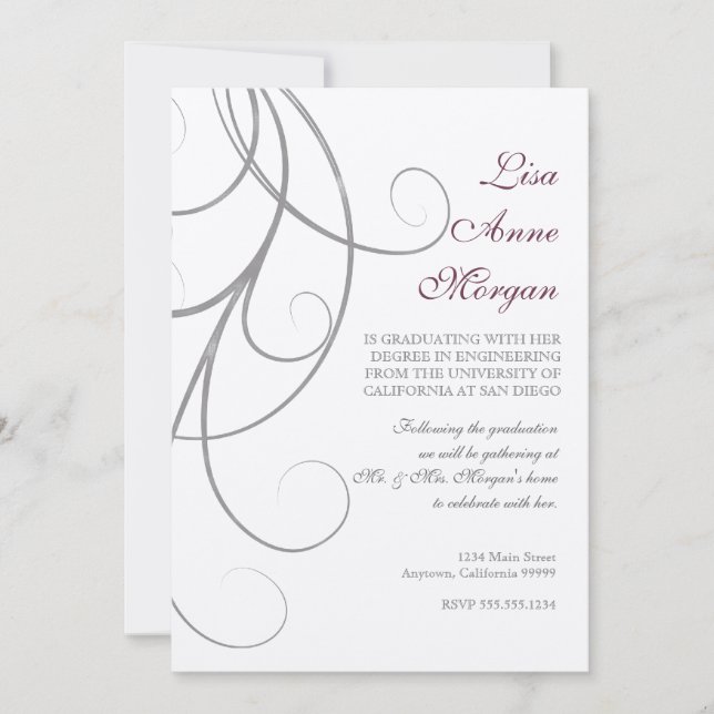 Plum n Silver Leaf Swirl Damask 2 Graduation Invitation (Front)