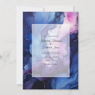 Plum, Navy Blue and Silver Ink Wedding Invitation
