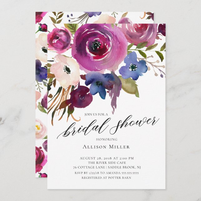 Plum & Navy  Floral Bridal  Shower Invitation (Front/Back)