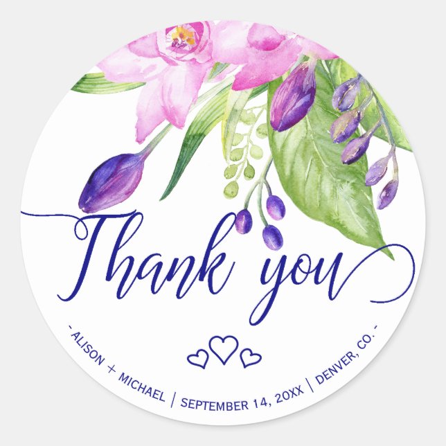 Plum navy pink summer floral wedding thank you classic round sticker (Front)