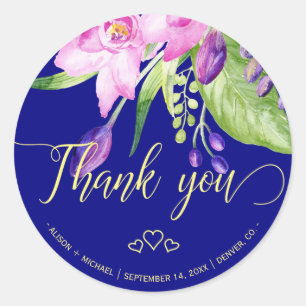 Plum navy summer floral wedding thank you classic round sticker