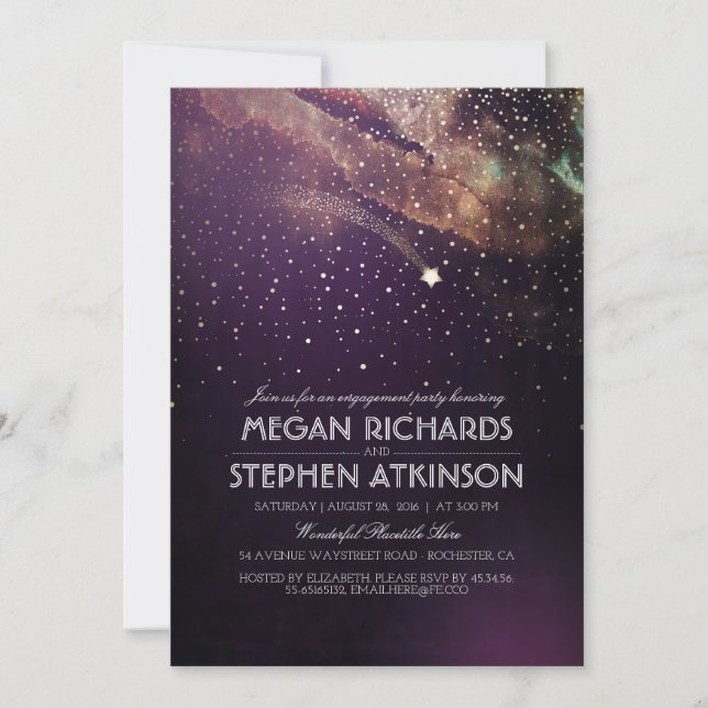 Plum Night Gold Shooting Star Engagement Party Invitation (Front)
