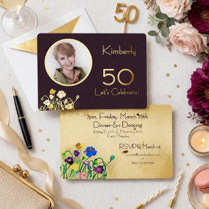 Plum Noir Custom Photo 50th Birthday Gold Foil