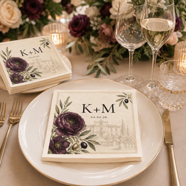 Plum & Olive Botanical Personalised Wedding Napkin (Creator Uploaded)