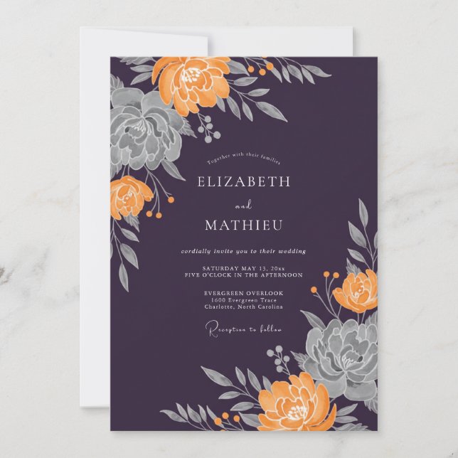 Plum Orange Ranunculus Eucalyptus Wedding Invitation (Front)
