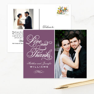 Plum Ornate Love and Thanks Wedding Photo Postcard