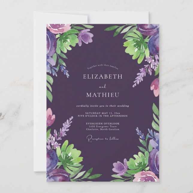 Plum Painted Wildflower Wedding Invitation (Front)