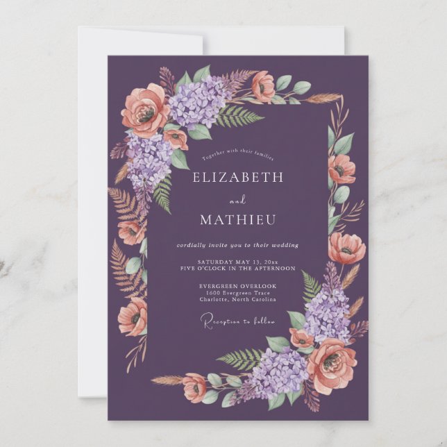 Plum Painterly Garland Wedding Invitation (Front)