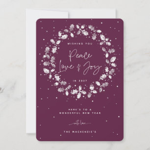 Plum Peace Love + Joy Hand Printed Holly Wreath Holiday Card