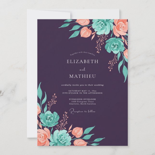 Plum Peach Teal Floral Wedding Invitation (Front)