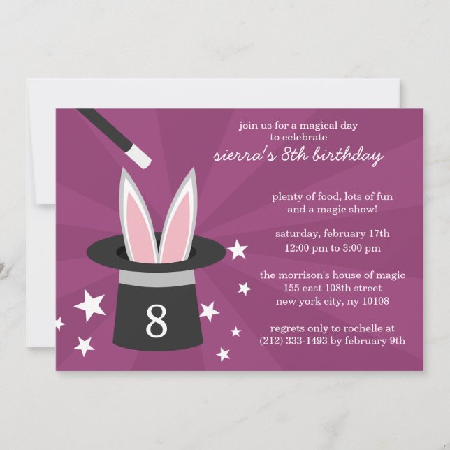 Plum Peek-a-Boo Rabbit Custom Magic Birthday Party Invitation (Front)