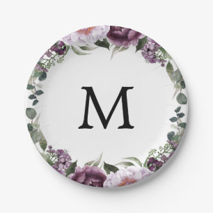 Plum Peonies Monogram Bridal Shower Paper Plate