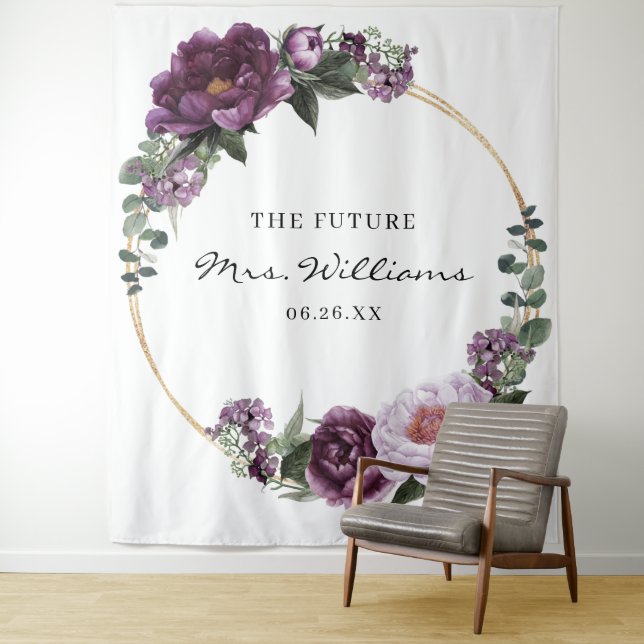 Plum Peonies Romantic Floral Bridal Backdrop Tapestry (In Situ)