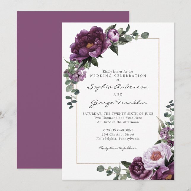 Plum Peonies Wedding Invitation Card (Front/Back)