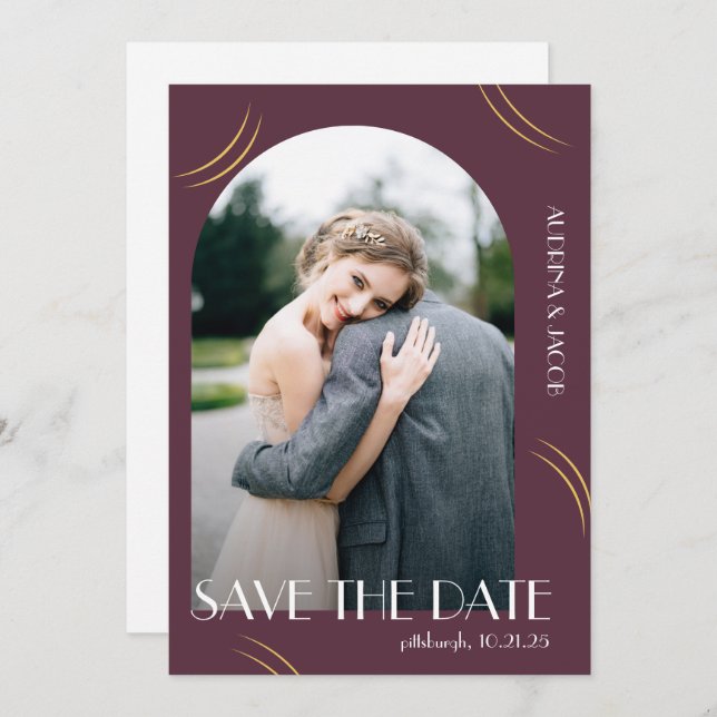 Plum Photo Big Typography Wedding Save The Date (Front/Back)