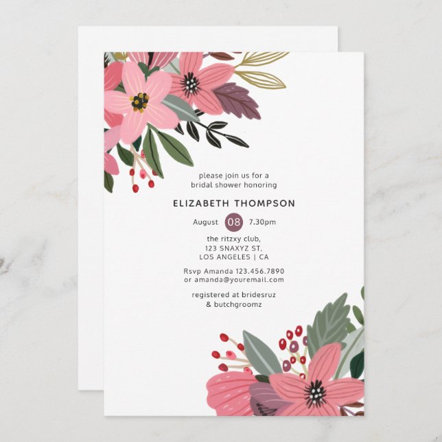 Plum Pink and Gold Floral Bridal Shower Invitation (Front/Back)