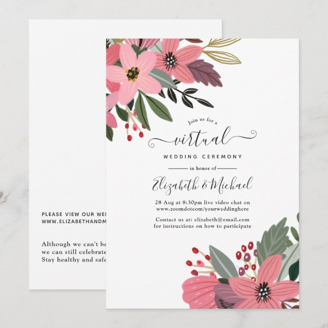 Plum Pink and Gold Floral Online Virtual Wedding Invitation (Front/Back)