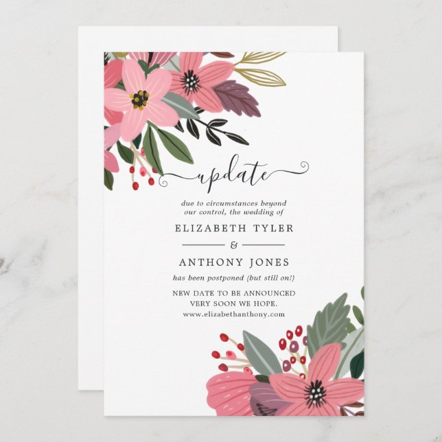Plum Pink and Gold Floral Wedding Update Invitation (Front/Back)