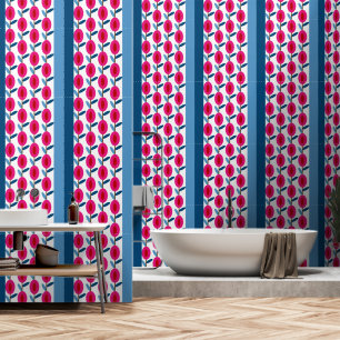 Plum Pink and Red Florals on Blue Panels Wallpaper