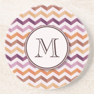 Plum Pink Candy Chevron Stripes and Round Monogram Coaster