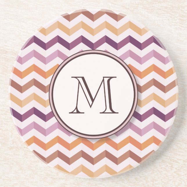 Plum Pink Candy Chevron Stripes and Round Monogram Coaster (Front)
