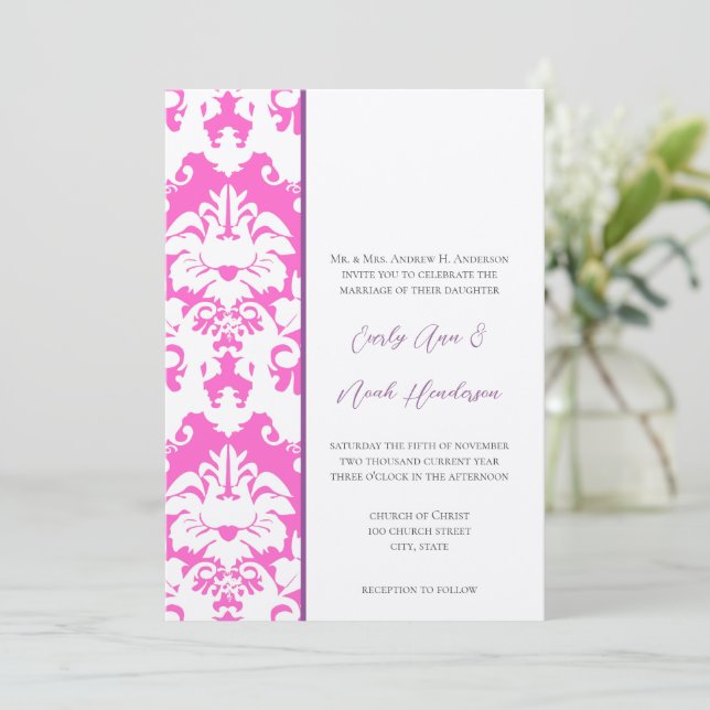 Plum & Pink Damask Wedding Invitations (Standing Front)