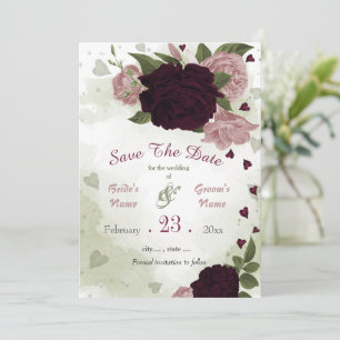 plum pink flowers green leaves botanical save the date