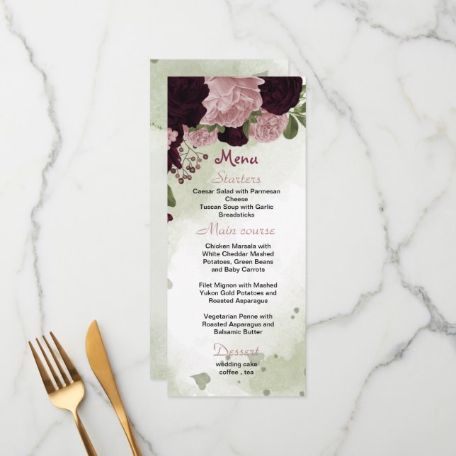 plum pink flowers greenery wedding menu (Front/Back In Situ)