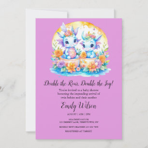 PLUM PINK RAINBOW FLORAL DRAGONS TWINS BABY SHOWER INVITATION