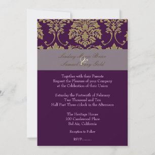 Plum/plum/faux gold damask invitation