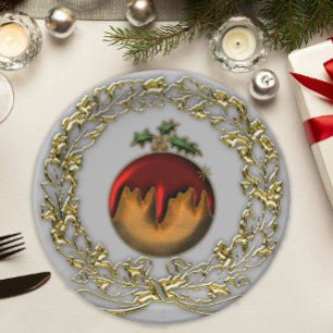 Plum Pudding and Gold Wreath Christmas Paper Plate