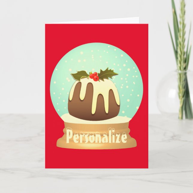 Plum pudding snow globe winter cake red green card (Front)