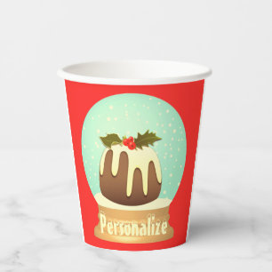 Plum pudding snow globe winter cake red green paper cups