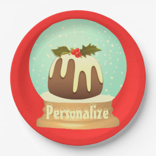 Plum pudding snow globe winter cake red green paper plate