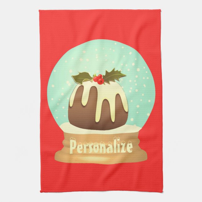 Plum pudding snow globe winter cake red green tea towel (Vertical)