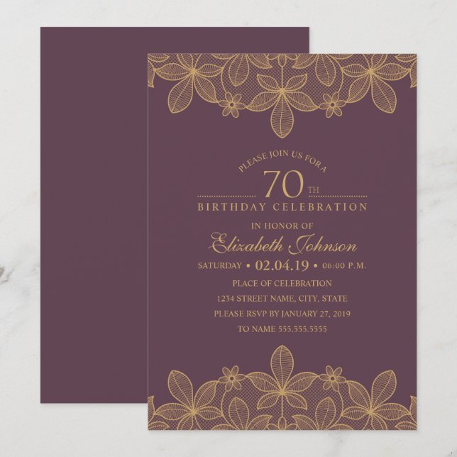 Plum Purple 70th Birthday Party Unique Golden Lace Invitation (Front/Back)