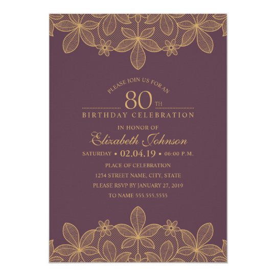 Plum Purple 80th Birthday Party Unique Golden Lace Card