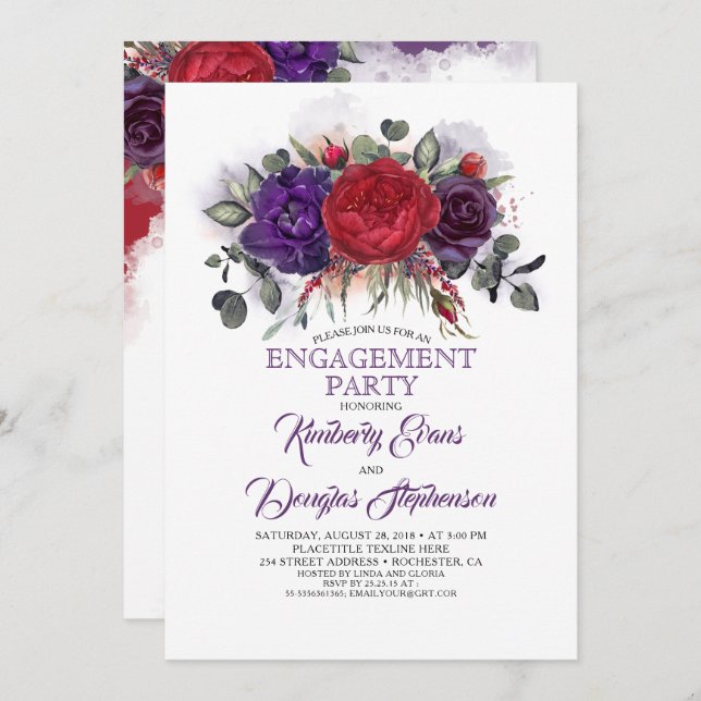 Plum Purple and Burgundy Floral Engagement Party Invitation (Front/Back)