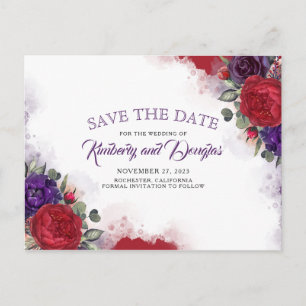 Plum Purple and Burgundy Red Floral Save the Date Announcement Postcard