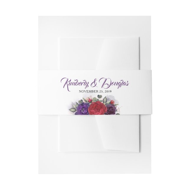 Plum Purple and Burgundy Red Florals Wedding Invitation Belly Band (Front Example)
