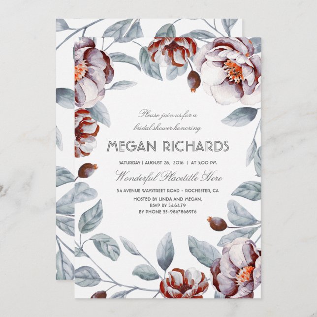 Plum Purple and Eggplant Floral Bridal Shower Invitation (Front/Back)