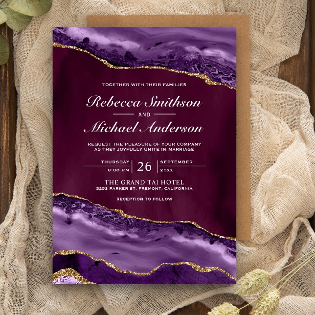 Plum, Purple and Gold Agate Marble Wedding Invitation (Creator Uploaded)