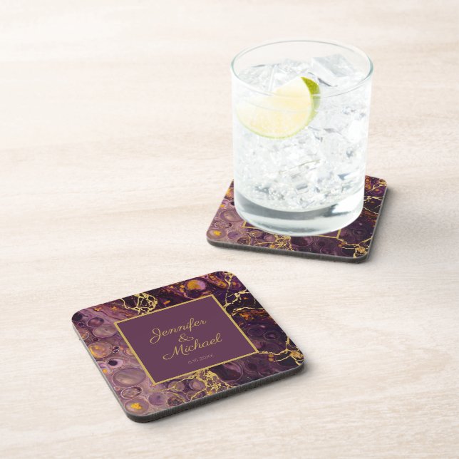 Plum Purple And Gold Marble  Coaster (Right Side)