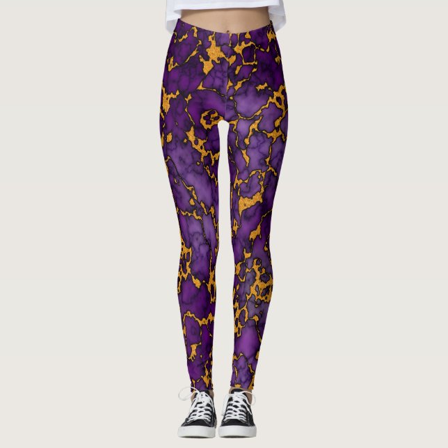 Plum Purple and Gold Marble Texture Design Leggings (Front)